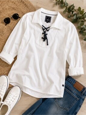 Nautica Jeans Women's White Cotton Lace-Up Fold-Collar Top Size Large Coastal